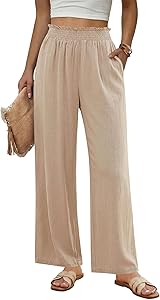 GRAPENT Linen Pants for Women Wide Leg High Waisted Paper Bag Smocked Waist Casual Summer Beach Vacation Palazzo Pants