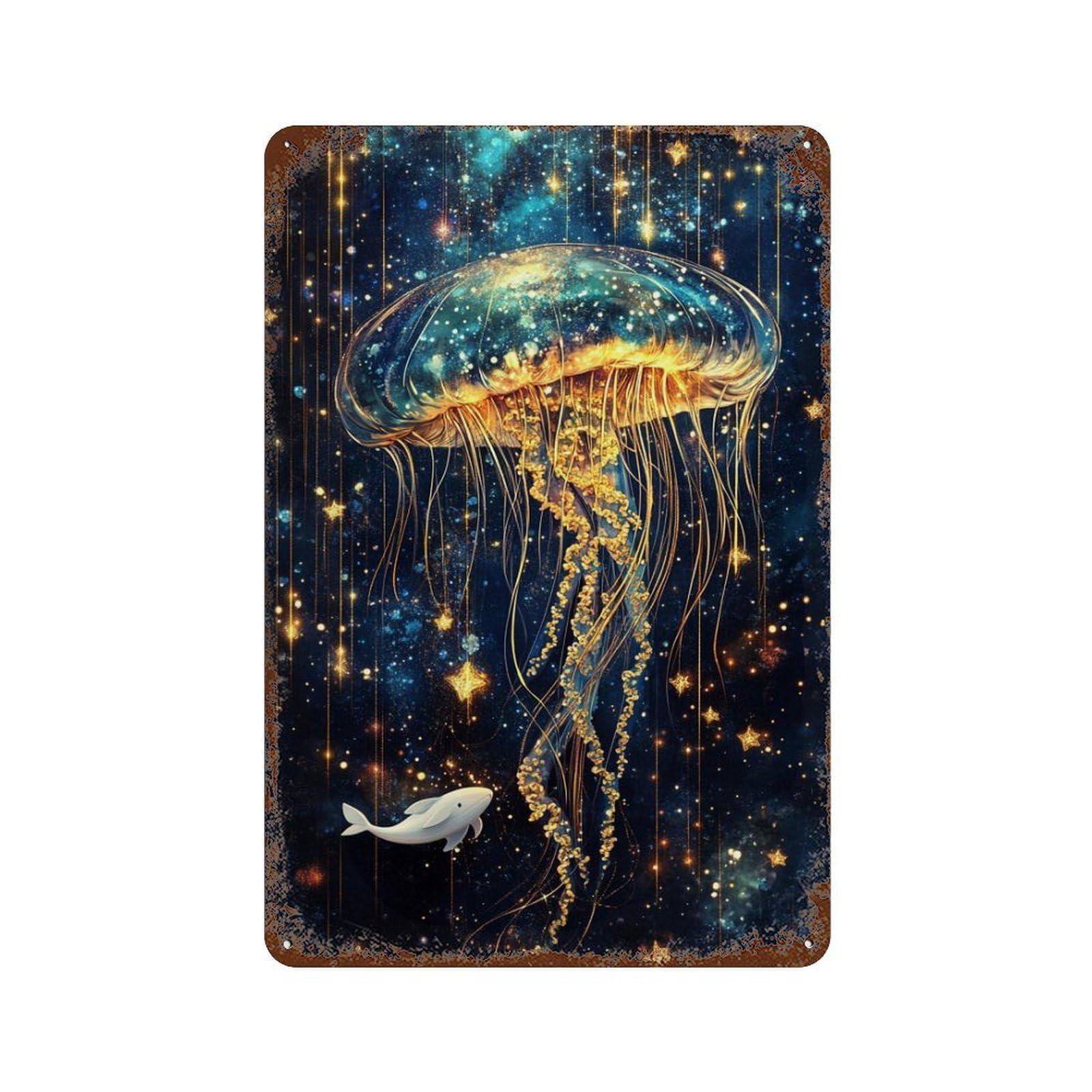 Magical Jellyfish in Starry Ocean Weathered Tin Sign 11.8"x7.9", for Basement, Hobby Room And Garage Decor, Rustic Home Decor