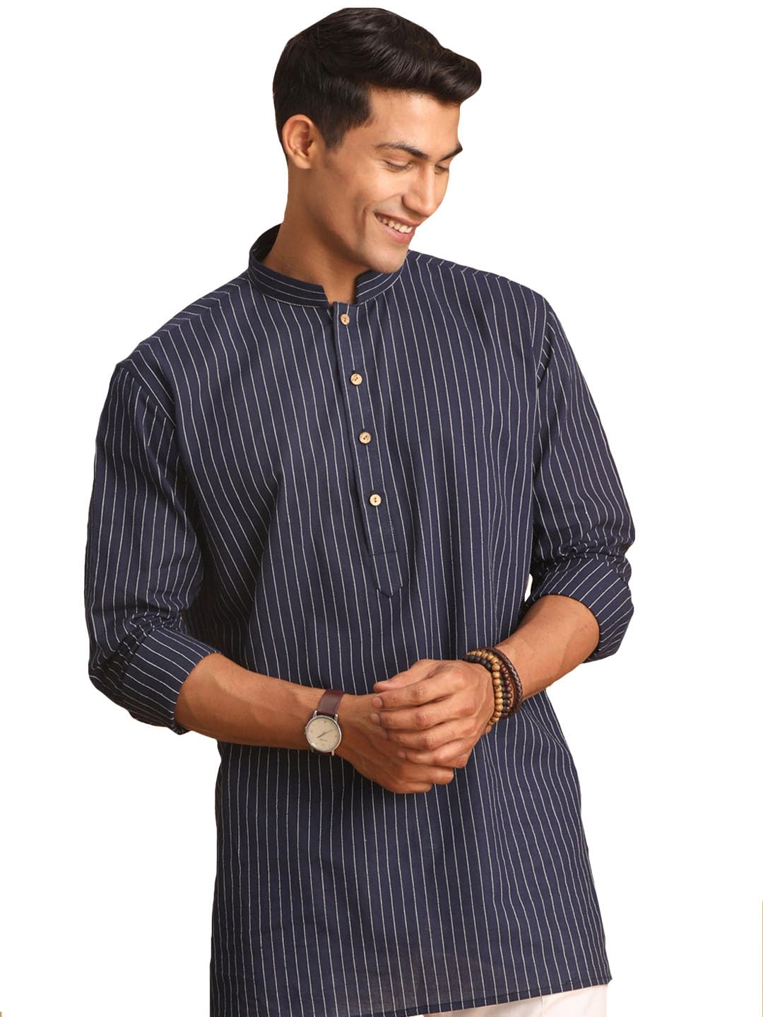 shvaas by vastramay Striped Regular Men's Navy Blue Cotton Short Kurta-picture-13
