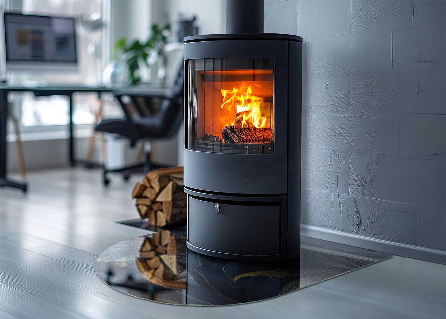 Piastra per camino e stufa 80x70cm Resistente a Scintille Design Elegante Protezione del Pavimento di Vetro Temperato Resistente alle Alte Temperature Arco - Foglie eleganti nella consistenza