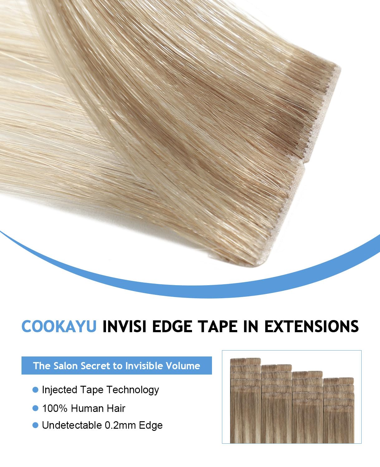 COOKAYU Invisi Edge Tape in Hair Extensions Human Hair 14Inch 20pcs 40g Ash Brown to Platinum Blonde Thick Straight Invisible Injected Tape in Hair extensions