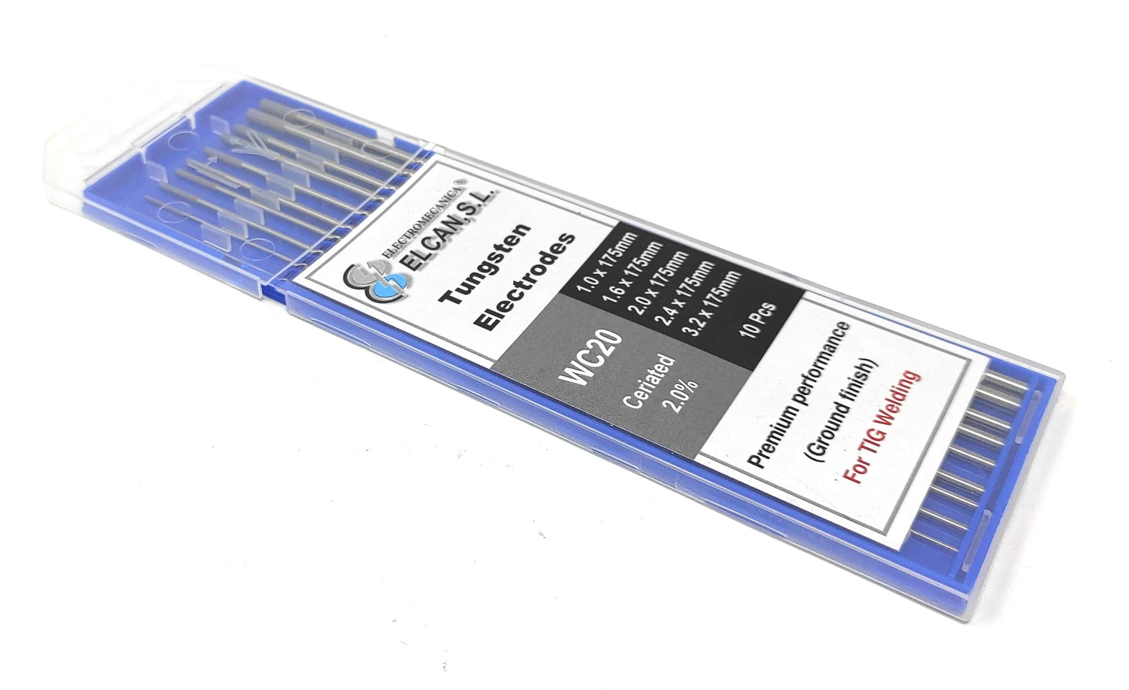ELCAN Tungstens TIG cerio 2.0% grigio WC20 professionale, 1.0 1.6 2.0 2.4 3.2 3.2 elettrodi per saldatura torcia TIG, 10 unità - Dimensioni: 1.0/1.6/2.0/2.4/3.2 x 175mm