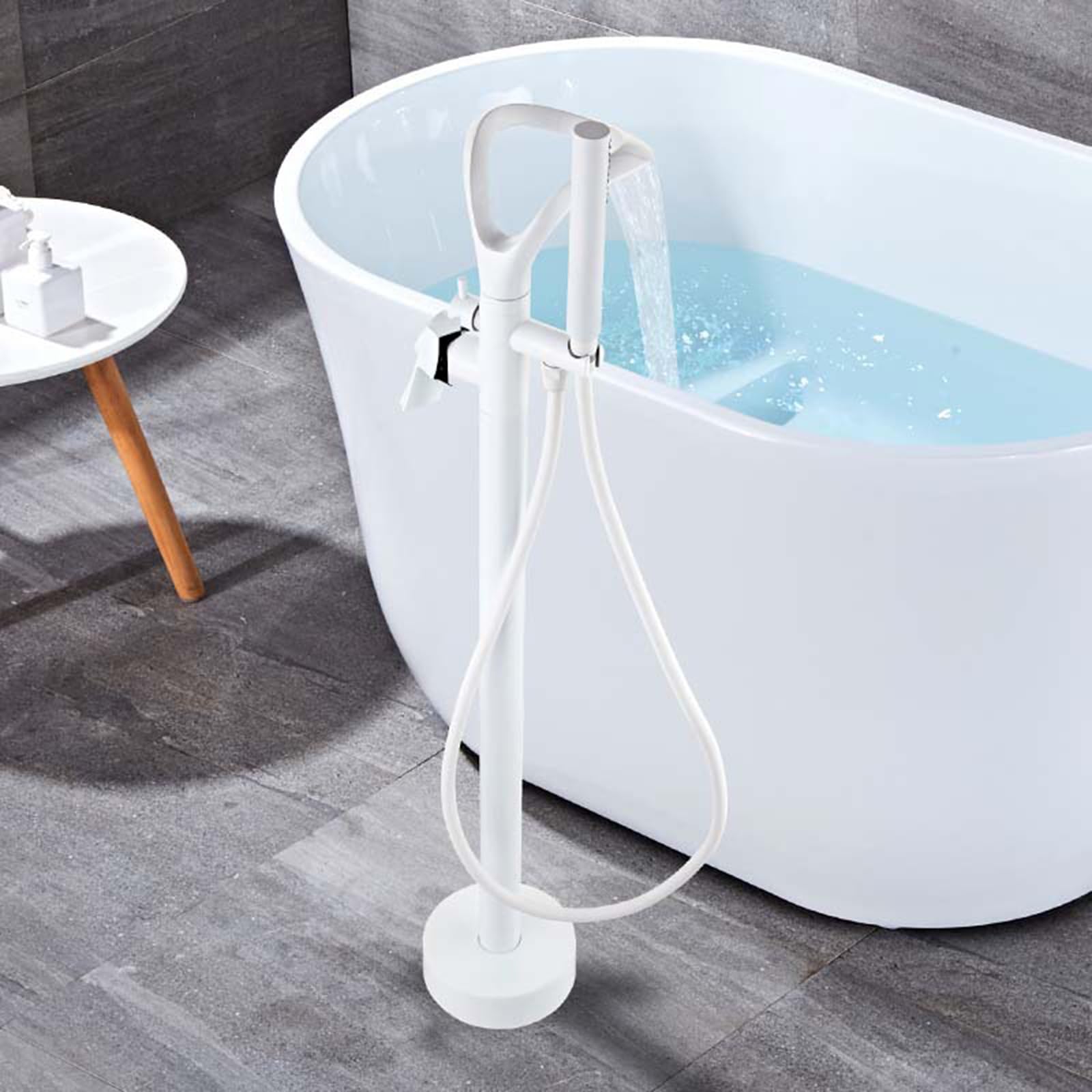Freending Bianco A Pavimento Rubinetto Da Bagno & Doccia Miscelatore 2 Modalità Cascata Design Singolo Foro Vasca Rubinetto per Bagni Moderni