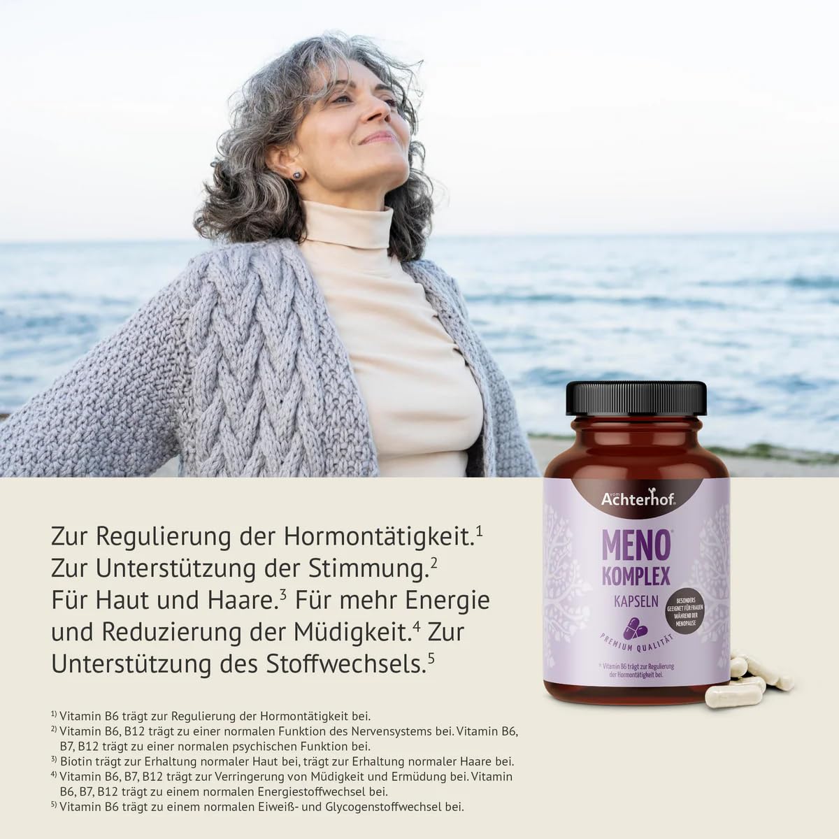 Meno Komplex Kapseln 120 Stück | mit Yams, Hopfen, Nachtkerzenöl und Salbei | Begleiter während der Menopause | Achterhof