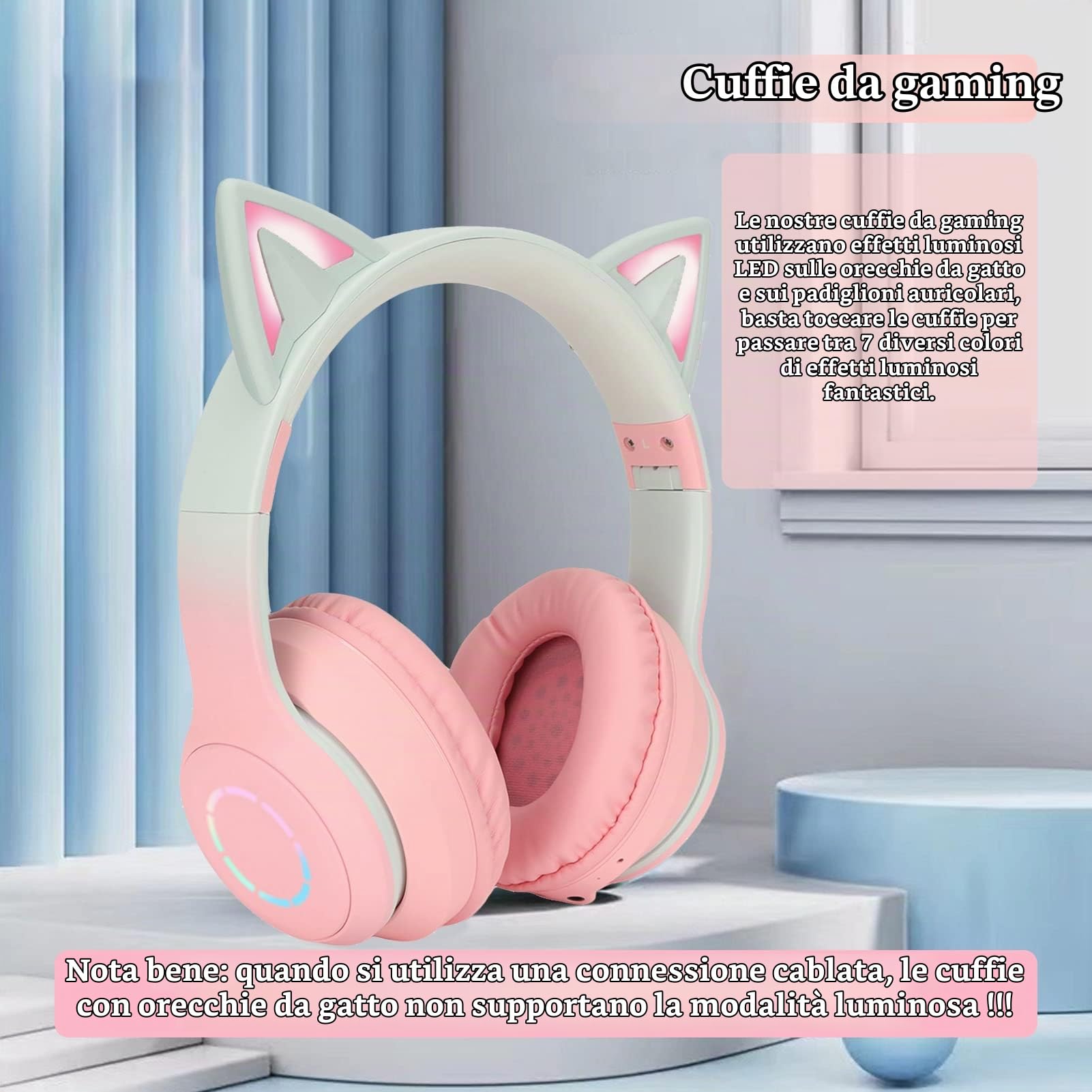 Gugxiom Cuffie Cat Ear, Cuffie da Gioco Wireless Tramite Bluetooth Cavo AUX da 5.1/3.5mm, Cuffie Pieghevoli con Luci LED a 7 Colori e 4 modalità LED per Ragazze, Adulti(Rosa)