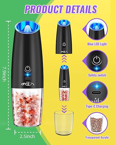 Miniatura 7 de XinXu Juego de molinillo eléctrico de pimienta y sal recargable mejorado con luces LED, molinillo automático de pimienta o sal de acero inoxidable