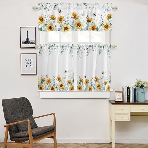 Miniatura 5 de Juego de cenefas y niveles de cortina de cocina con diseño floral, cortinas opacas aisladas con 2 niveles para cocina, baño, girasoles, abejas,
