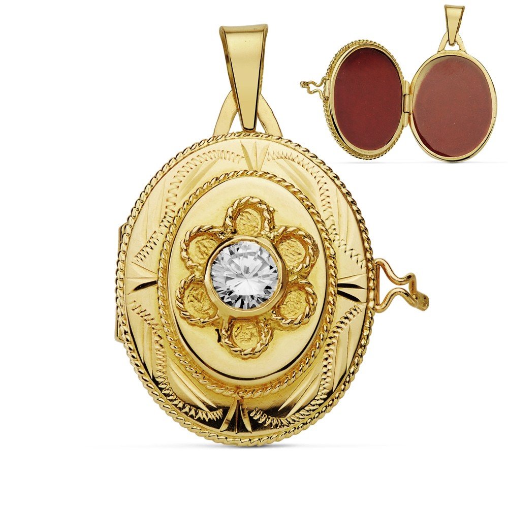 18k gold pendant carved oval flower portafotos Zirconia [AA7266]