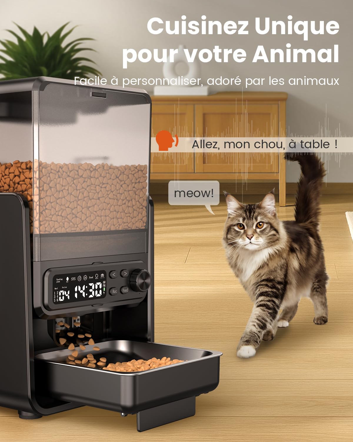 Distributeur automatique de nourriture pour chat pour 2 chats, 5L/20 tasses Distributeur automatique de nourriture pour chat avec bols réglables, panneau de commande amovible, programmation