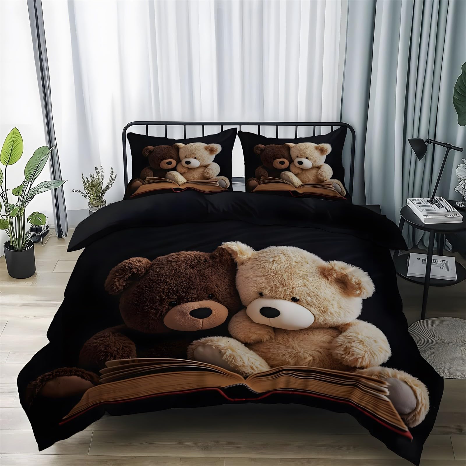Bettwäsche 200x220 Teddybär Bettwäsche 3teilig Schwarz Bettbezug Mikrofaser mit Reißverschluss mit 2 Kissenbezug 80x80