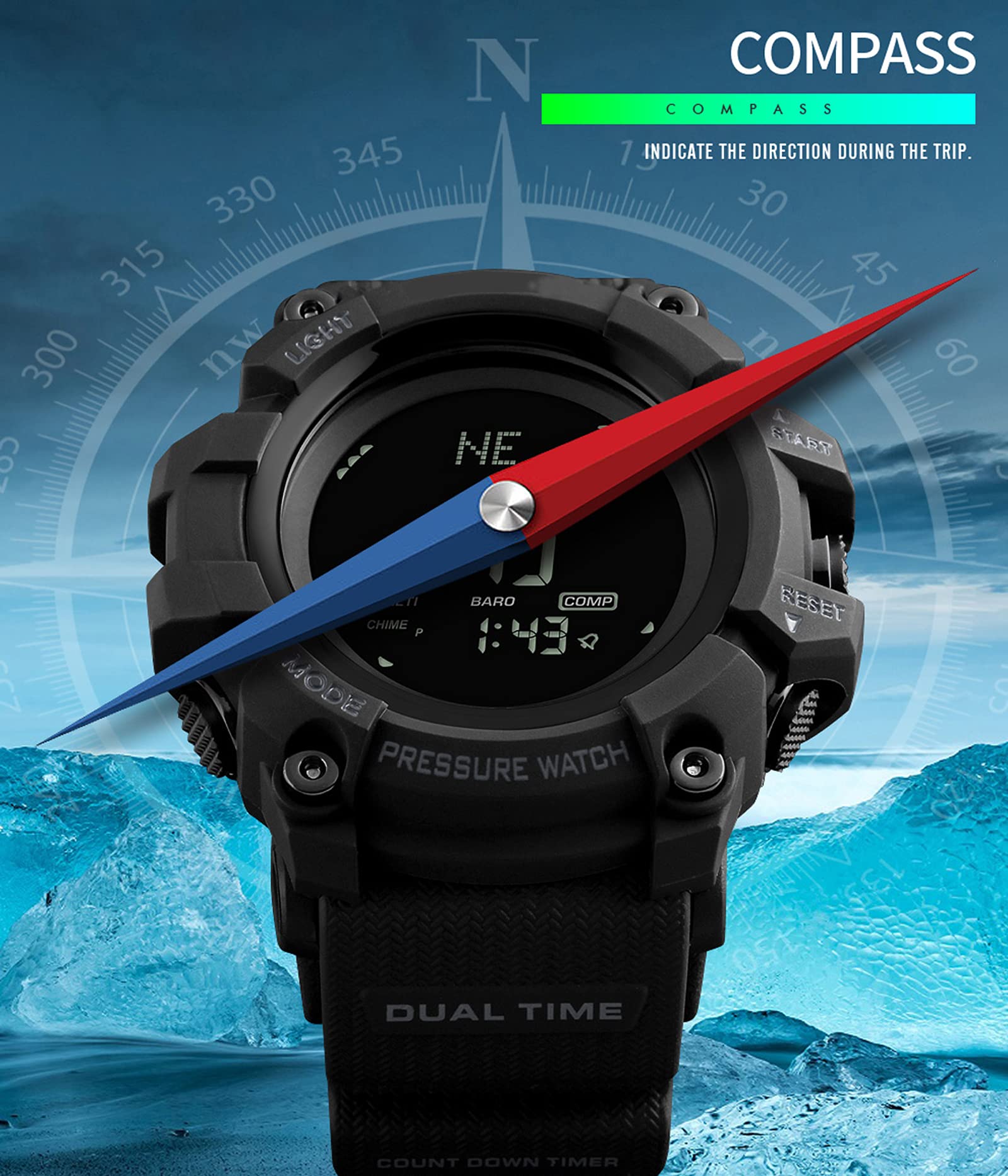 ABC,Orologio sportivo da uomo, con altimetro, barometro, bussola, contapassi, contatore calorie, cronografo, pressione contapassi, orologio digitale da uomo, Nero , All'aperto