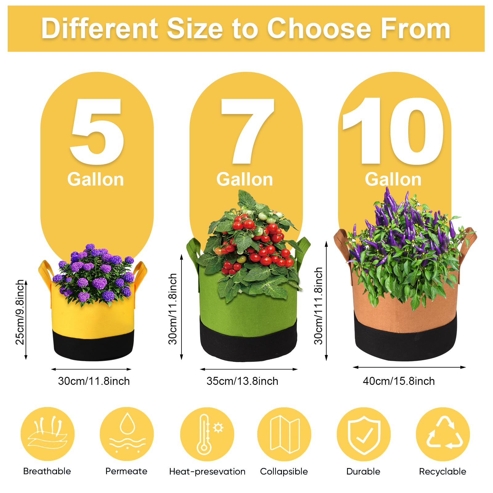 Lot de 6 sacs de culture de tailles mixtes, sacs de culture pour légumes/fleurs/plantes, pots en tissu non tissé épais avec poignées, sacs de culture de 1,5 L/2,2 L/37,2 L x 2