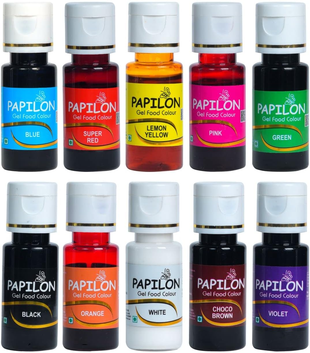 Papilon Concentrated Gel Food Colour Pack of 20gm x 10 Bottles Edible Gel Colour For Cake, Fondant/Dessert/Baking