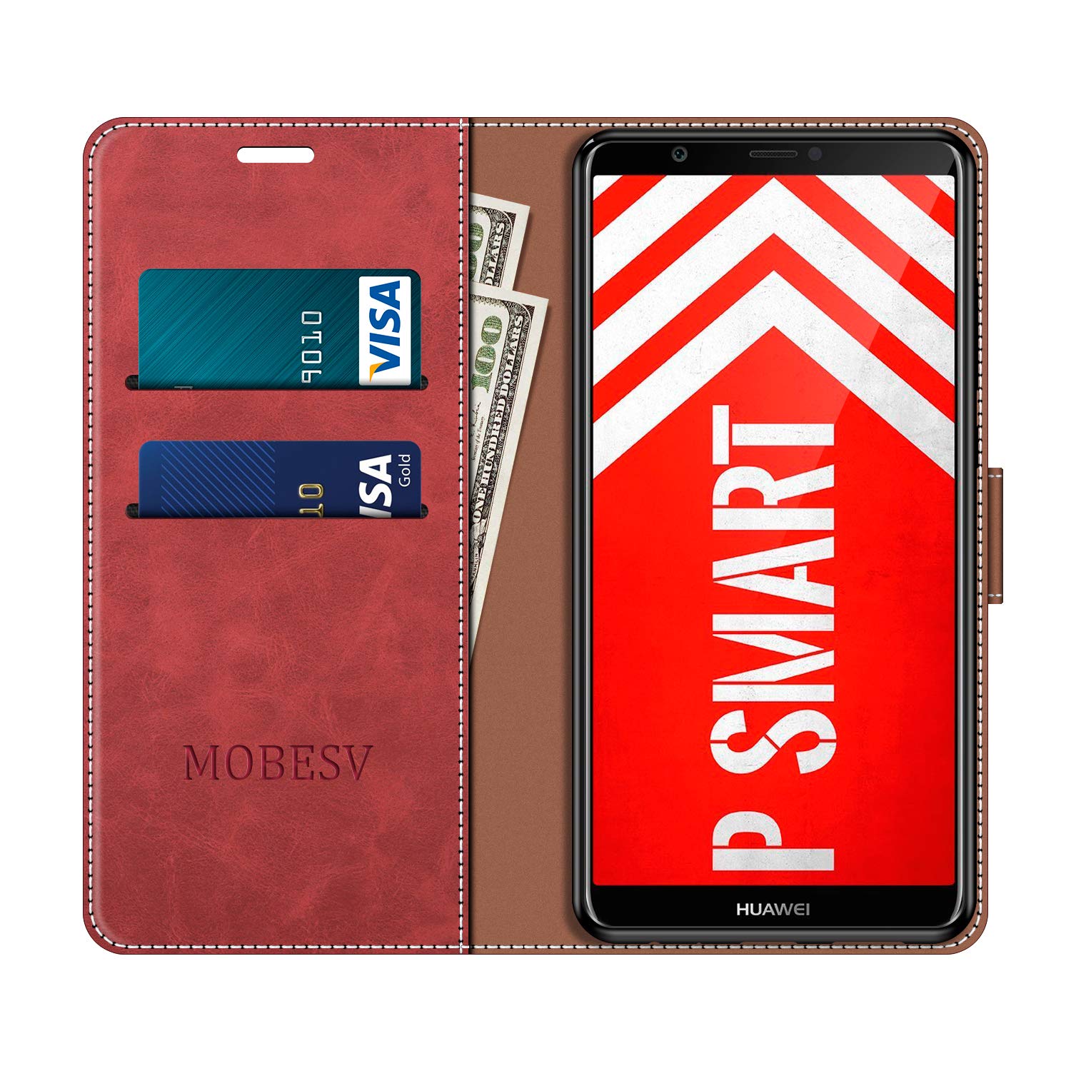 MOBESV Leder-Klapphülle Für Huawei P Smart 5,65 Zoll – Mit Kartenfach, Ständerfunktion & Magnetverschluss, Rot