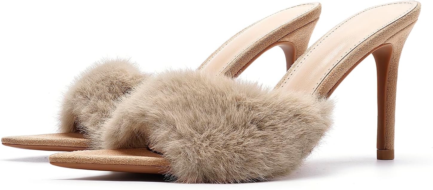 Women'S Pointed Open-Toe Stiletto Cute Fuzzy Slide Sandals Sexy Slip On High Heel Feather Mules Wedding Birthday Bridal Party Dress Backless Slipper Pumps