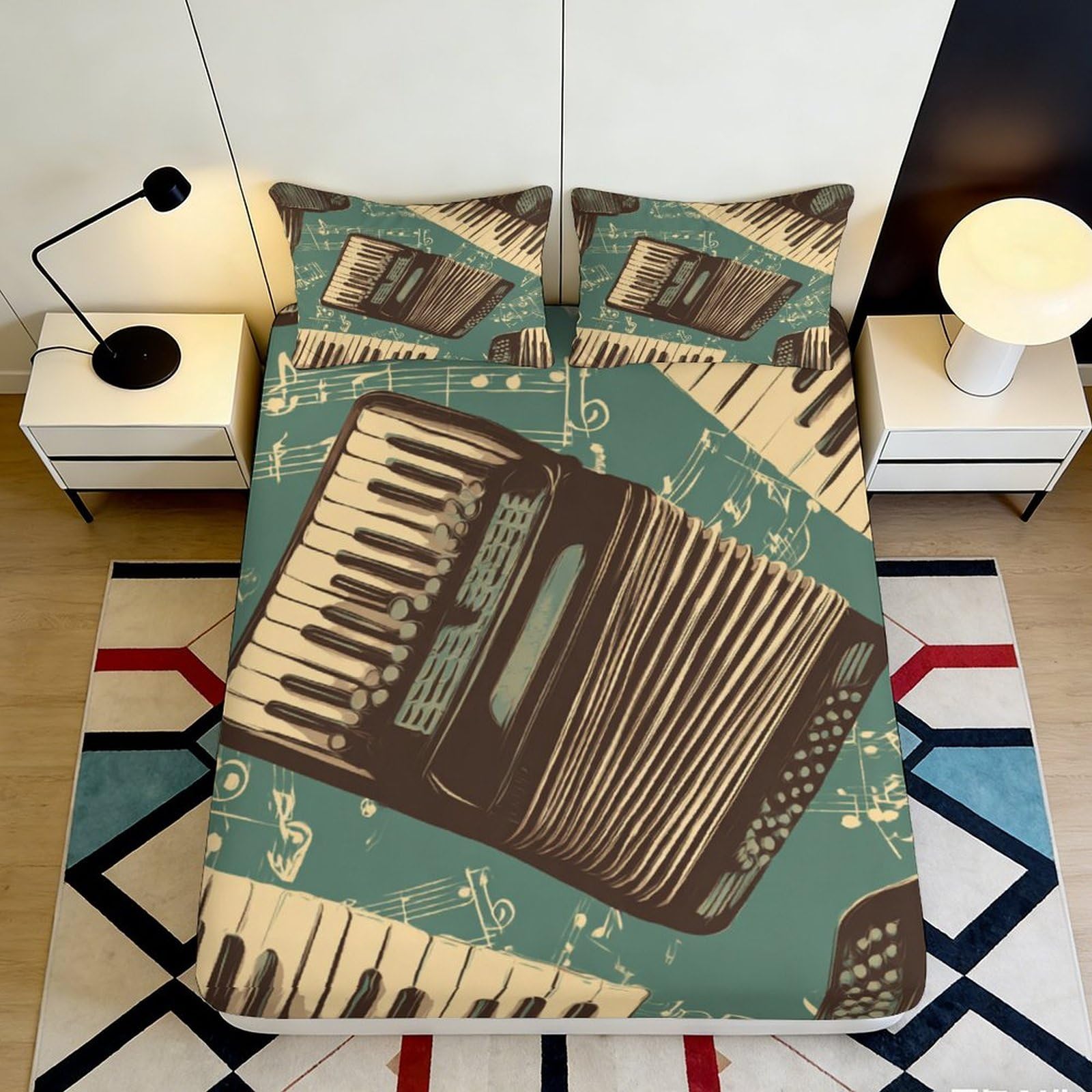 3D Printed Accordion Keyboard Fitted Sheet Microfiber Soft Musical Instrument Bed Cover for Bedroom Dorm Decor 90x200x25cm