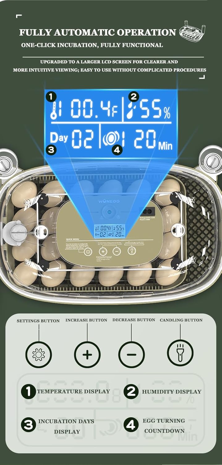 Smart Egg Incubator with Automatic Egg Turner & Built-in Candler, Stable Temperature Control, for Hatching Chicken Quail Duck Goose Eggs, 24 Eggs Capacity, External Water Refill