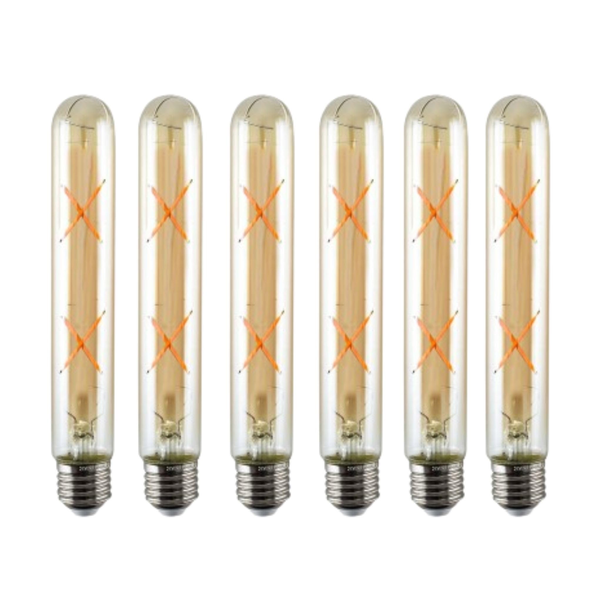 Pack 6, LED Tubular E27 Light Bulb, T185 4W (40W Equivalent) Dimmable 2700K WarmWhite AmberGlass 450 Lumen | ES Screw LED Filament Vintage Bulb for Long Cage Lamp Decor (T185 - 4 Watt - E27 - Cross)