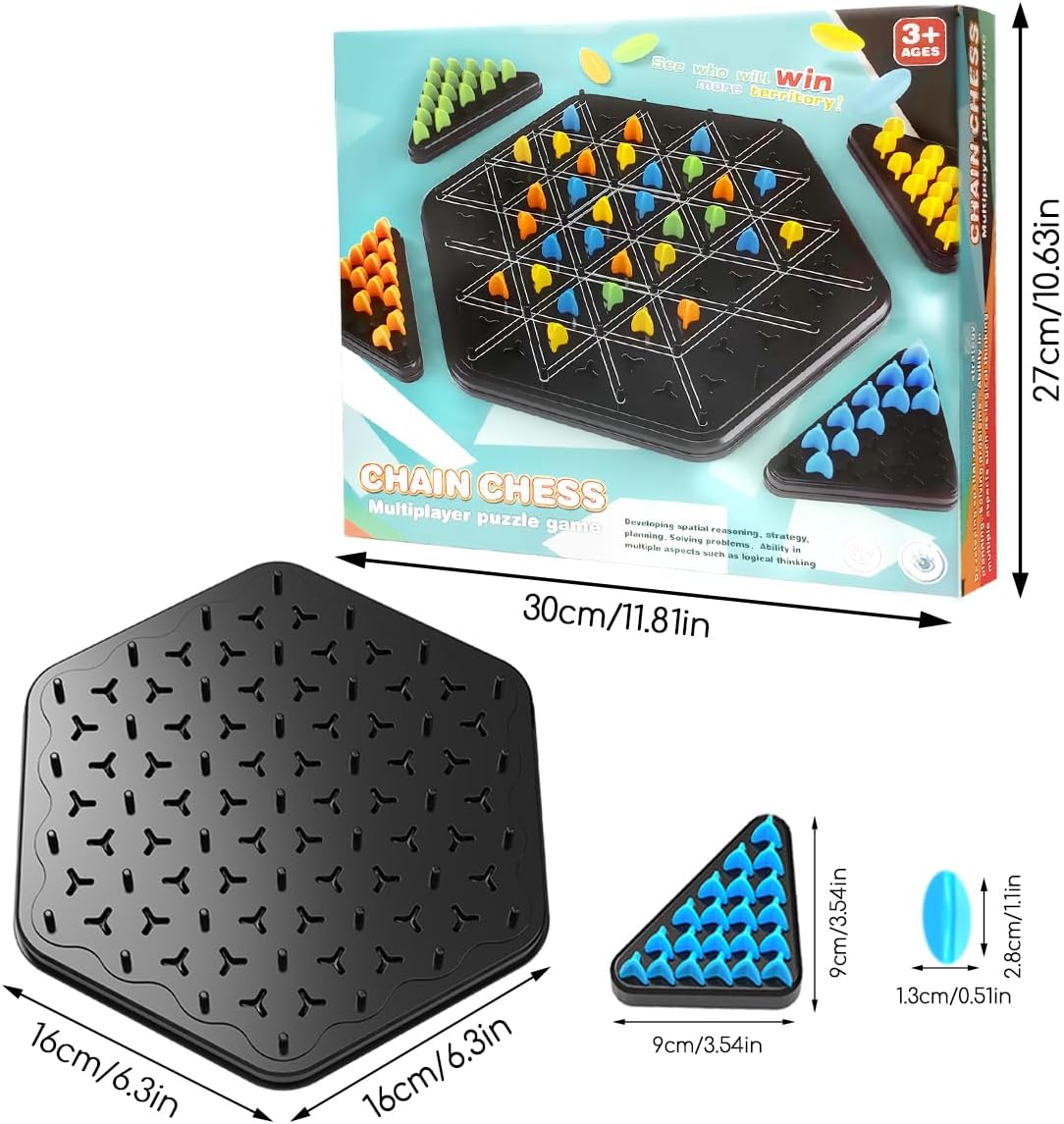 Triangle Chain Strategy Board Game, Geometric Chess Puzzle Games, Chain Triangle Chess Game with Rubber Band for Kids Adults Family Party Night 2 to 4 Players