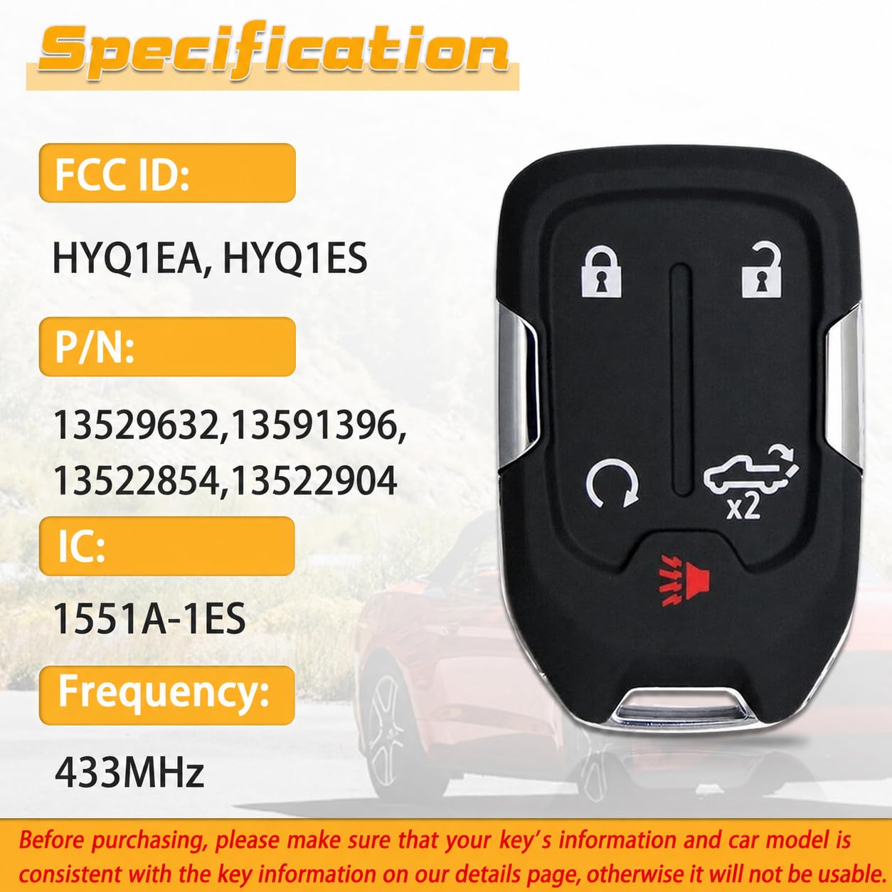 Telecomando di ricambio per GMC Sierra Chevy Silverado 1500 2500 3500 2019 2020 2021 2022 Telecomando senza chiave HYQ1EA HYQ1ES 5 pulsanti