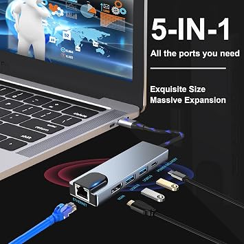 USB C HUB 5 in 1 Docking Station Compatible with MacBook Pro | USB C Adapter with 4K HDMI, USB 3.0, 100W PD, RJ45 Ethernet, Compatible with MacBook Pro/Air, More Type C Devices