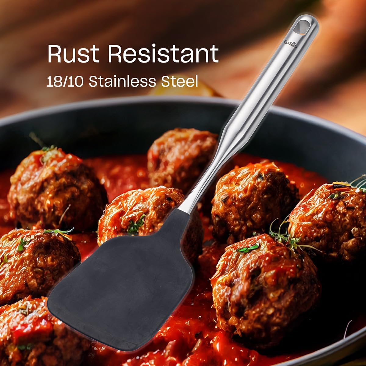 Fissler Essential Silicone Spatula, Wok Turner, Heat-Resistant Nonstick Spatula for Stir-Fry & Woks, 18/10 Stainless Steel Ergonomic Handle