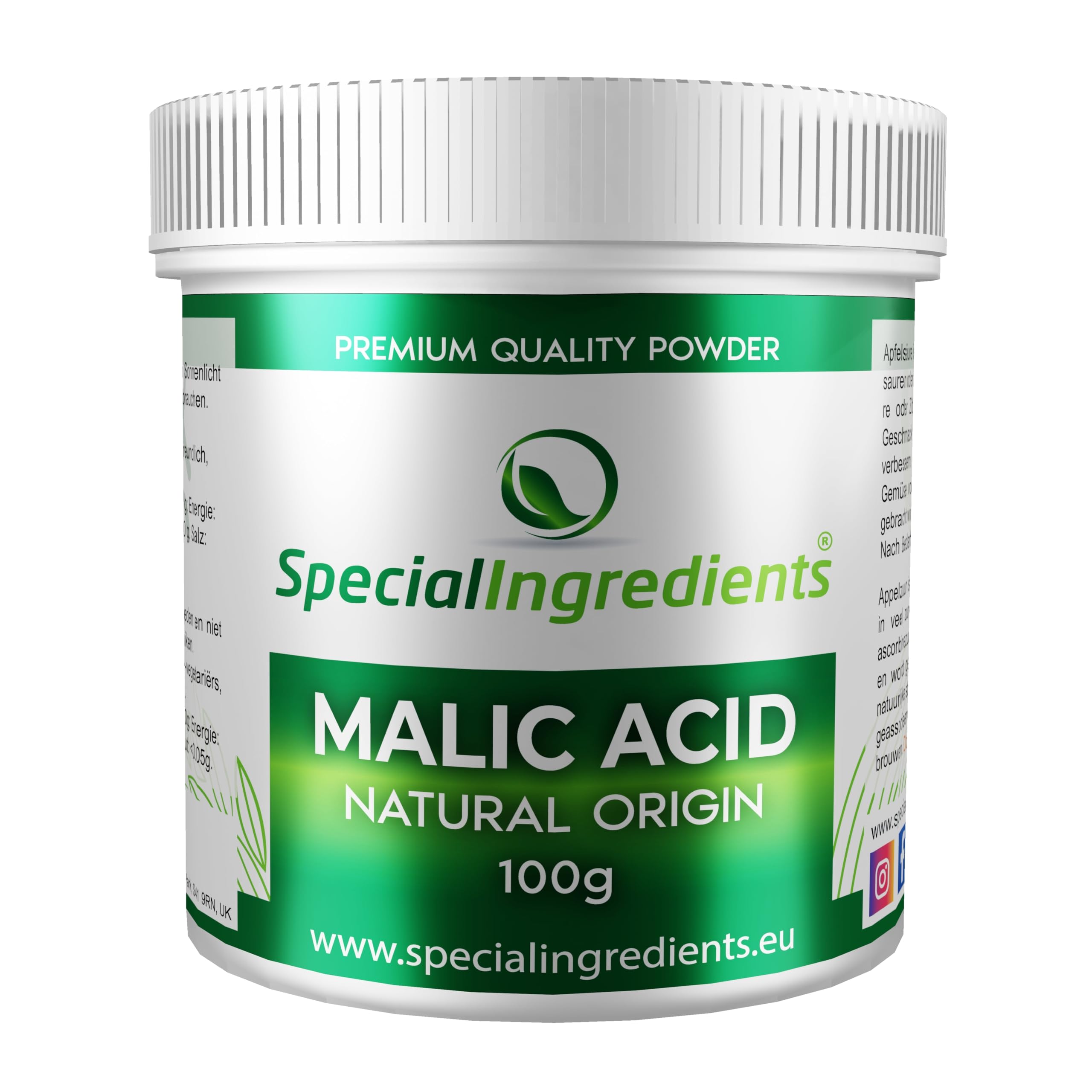Special Ingredients Acido Malico 250 g - Regolatore di acidità per la preparazione di vino, birra e bevande alcoliche - Alta qualità - Imballaggio riciclabile