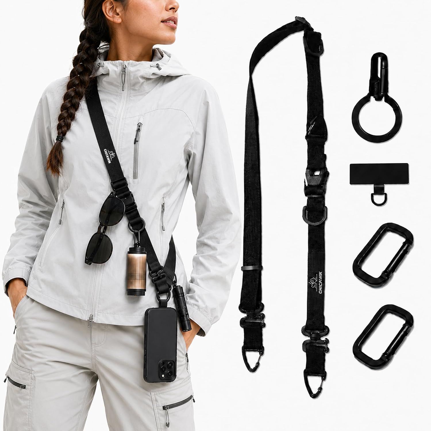 Phone Lanyard Crossbody Strap, Heavy Duty Adjustable Cell Phone Lanyard with 360° Swivel Ring Clip & Phone Tether, Anti-Drop Hands-Free Phone Strap for iPhone Samsung Android, Travel Hiking (Black)