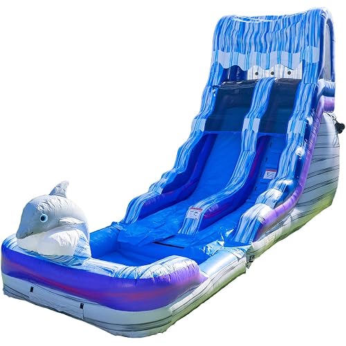 HeroKiddo 16ft Tall Dolphin Inflatable Water Slide with Detachable Pool & Blower, 26ft Long Commercial Grade PVC, Heavy Duty Wet/Dry Slide for Kids & Adults, Front Load Entry for Easy Supervision