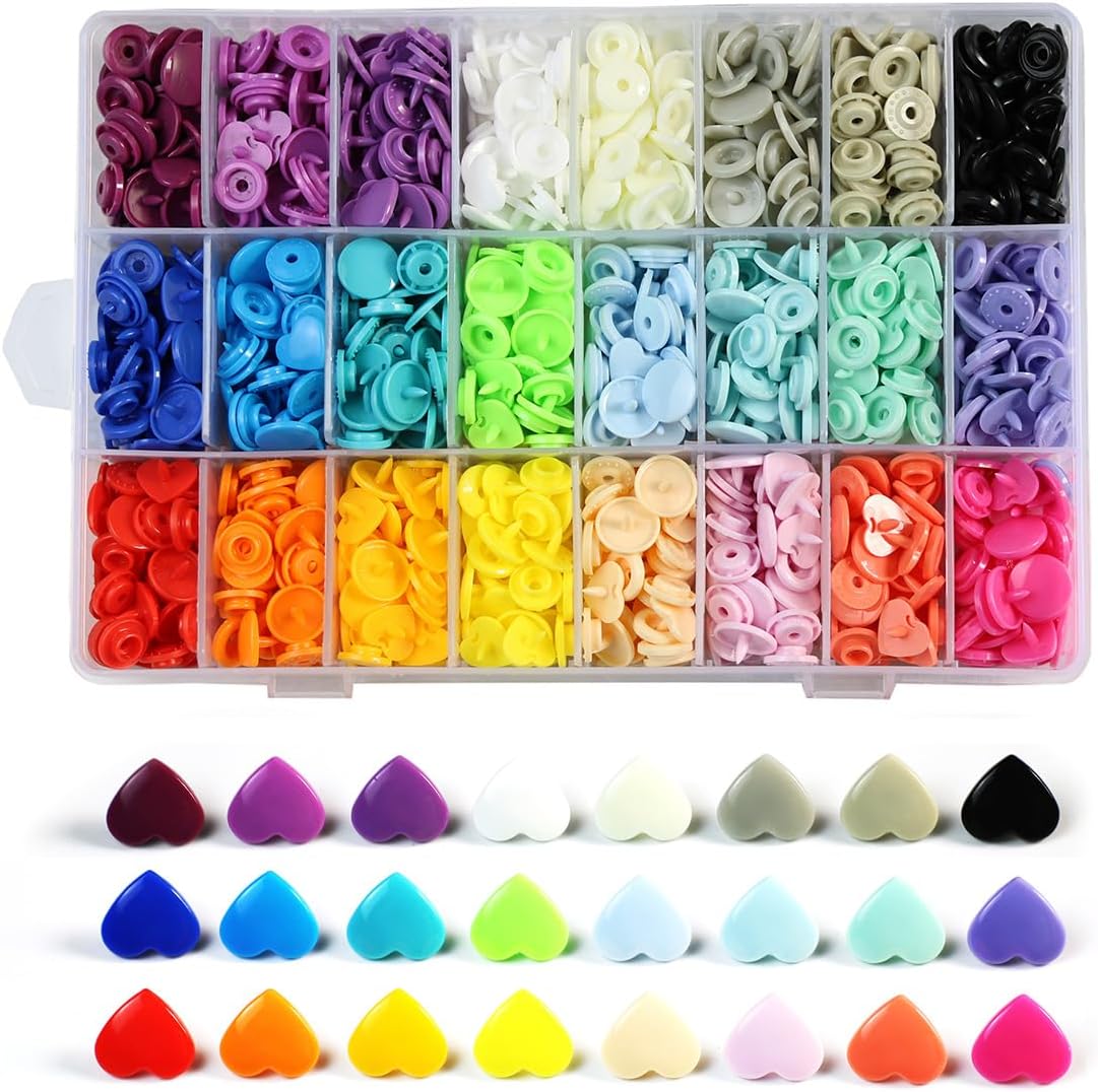 360 Sets KAM Snaps Heart Shaped with Storage Box, 24 Color Size 20 T5 Glossy Plastic Resin Fasteners No-Sew Buttons for Clothes Crafts