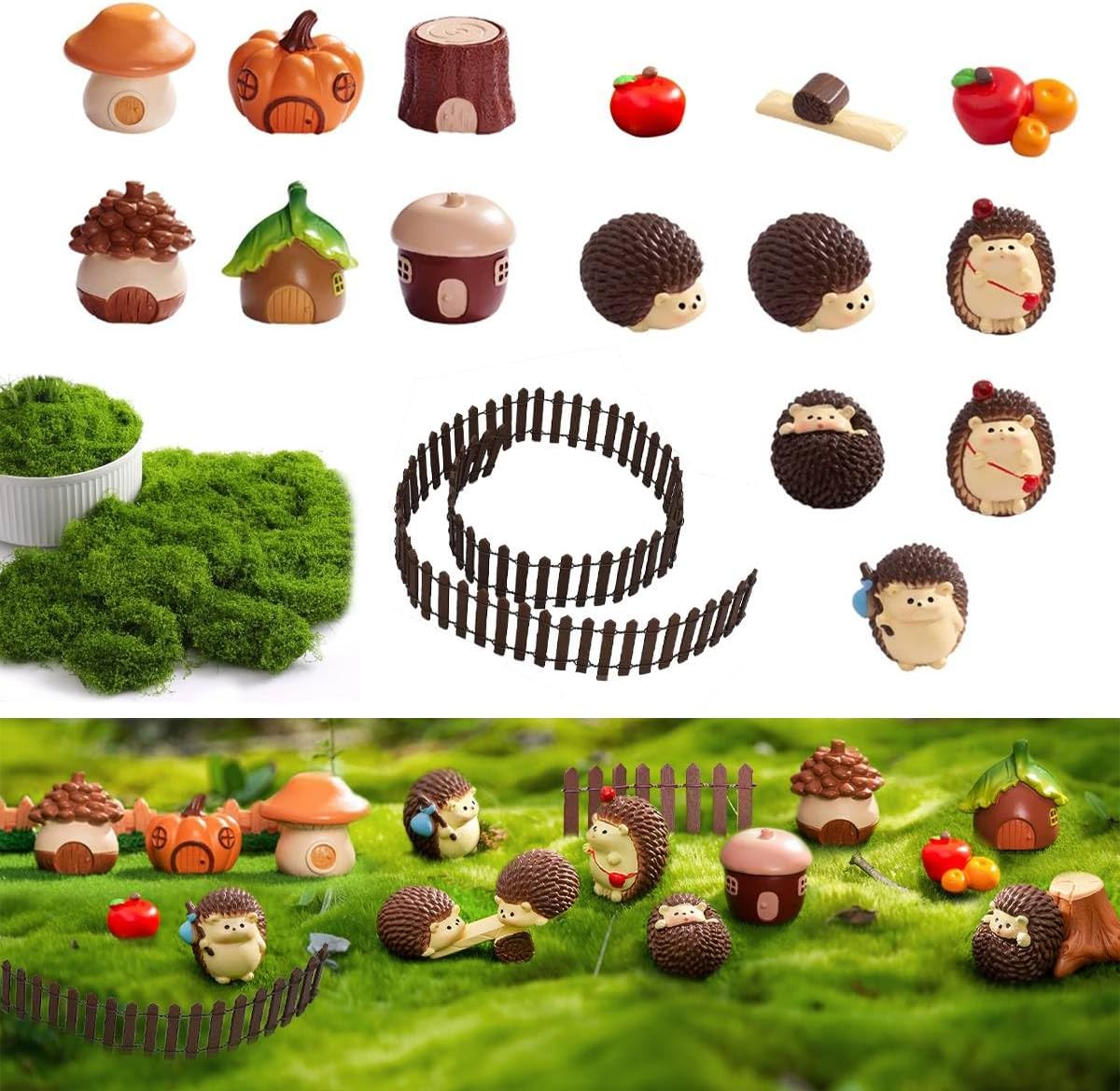 17 PCS Garden Micro-Landscape Accessories: Mini Resin Animals, Hedgehogs, Mushrooms, DIY Fences, 100g Moss, Indoor Glass Container Plant Bonsai Craft Decoration