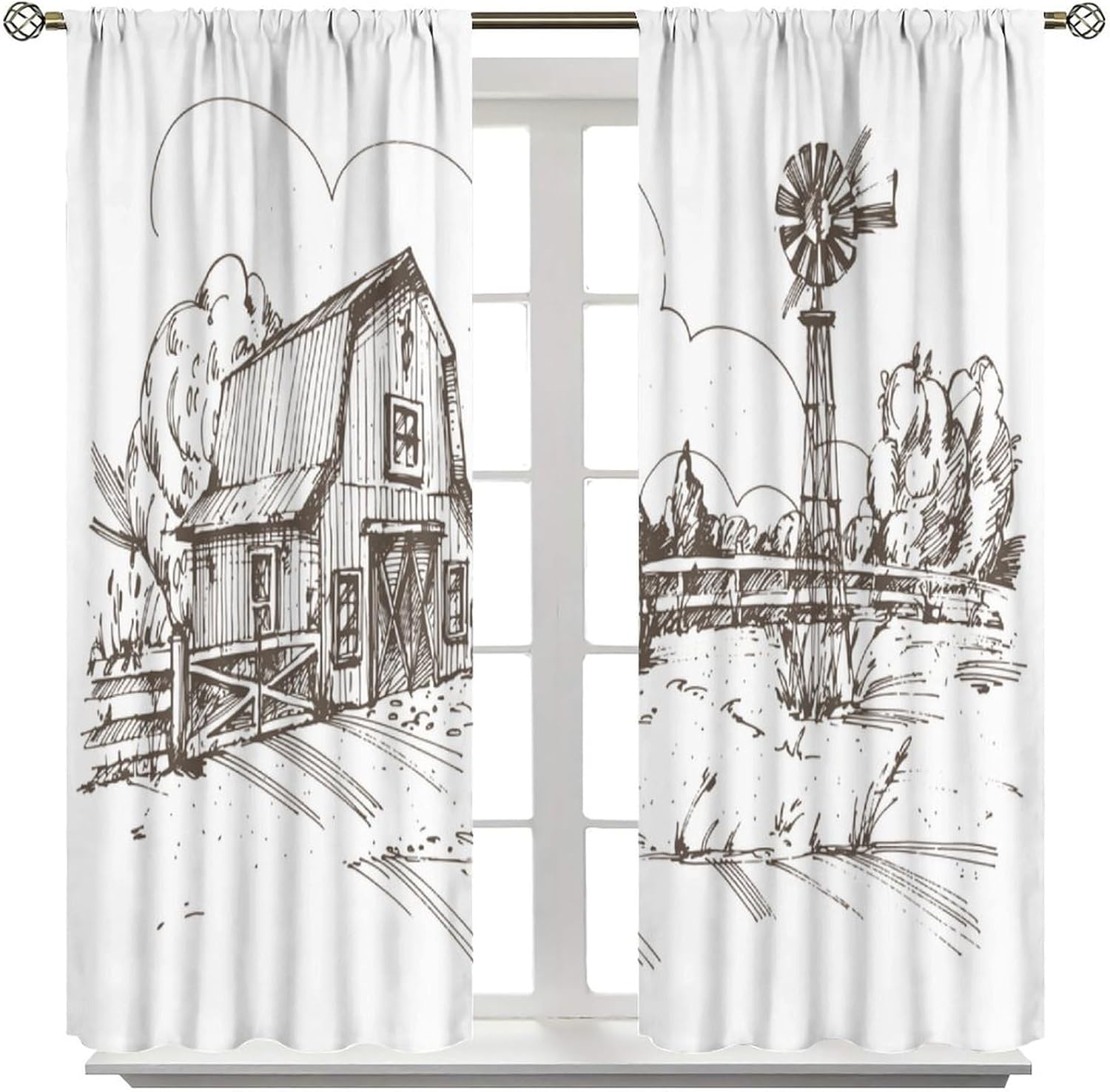 Windmill Farm Blackout Curtain, Rustic Barn Farmhouse Hand Drawn Illustration Countryside Rural Meadow, Bedroom Living Room Kitchen Decor ，Dark Brown and White 42" W X 45" L