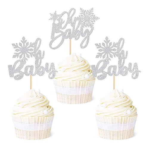 Ercadio Paquete de 24 adornos de copos de nieve para cupcakes Oh Baby con purpurina plateada de copo de nieve Oh Baby para cupcakes de invierno