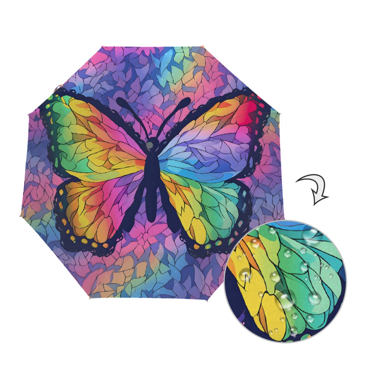 Arte astratta arcobaleno farfalla ombrello pieghevole ombrello da viaggio compatto antivento impermeabile con protezione UV rivestimento nero leggero 8 coste portatile per pioggia sole