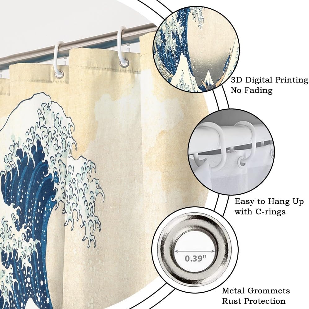 69x70 Inch Japanese Anime Shower Curtain for Bathroom The Great Wave of Kanagawa Modern Blue Ink Painting Bathroom Set Decorations Watercolor Waterproof Polyester Fabric with Hooks