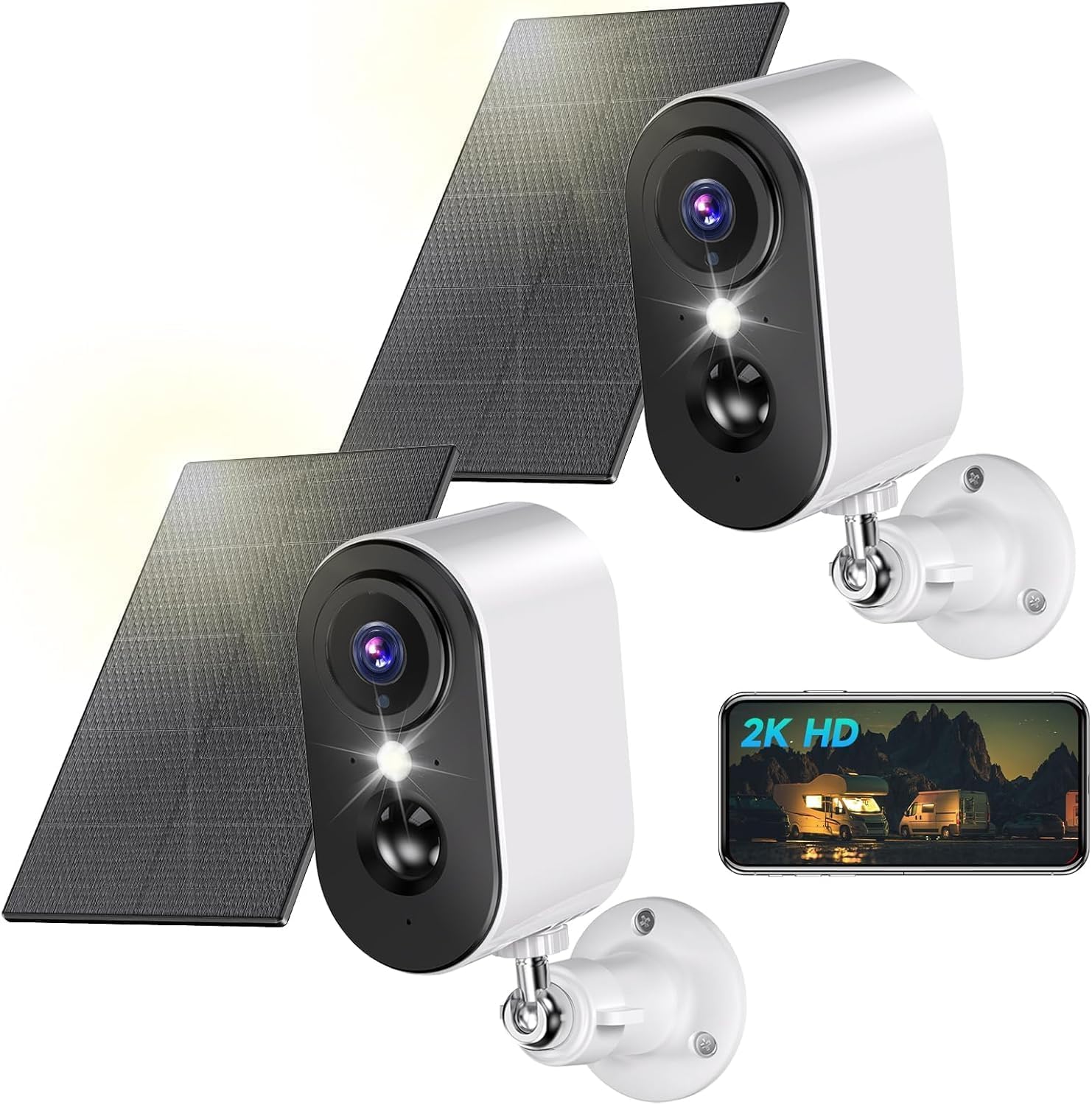 2K Cámara Vigilancia WiFi Exterior Solar - Camaras de Vigilancia sin Cables Exterior/Interior, Bateria Recargable, Visión Nocturna Colorida, Detección de Movimiento PIR, IP66, 2,4 GHz, 2 Pack