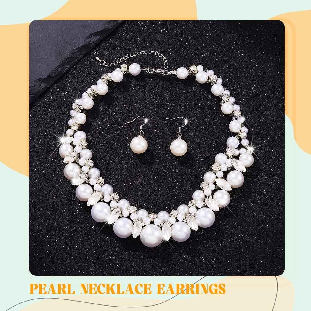 Sixexey Pearl Jewelry Set White Pearl Crystal Necklace Earrings for Women | Rhinestone Wedding Prom Necklace Jewelry Accessories for Women