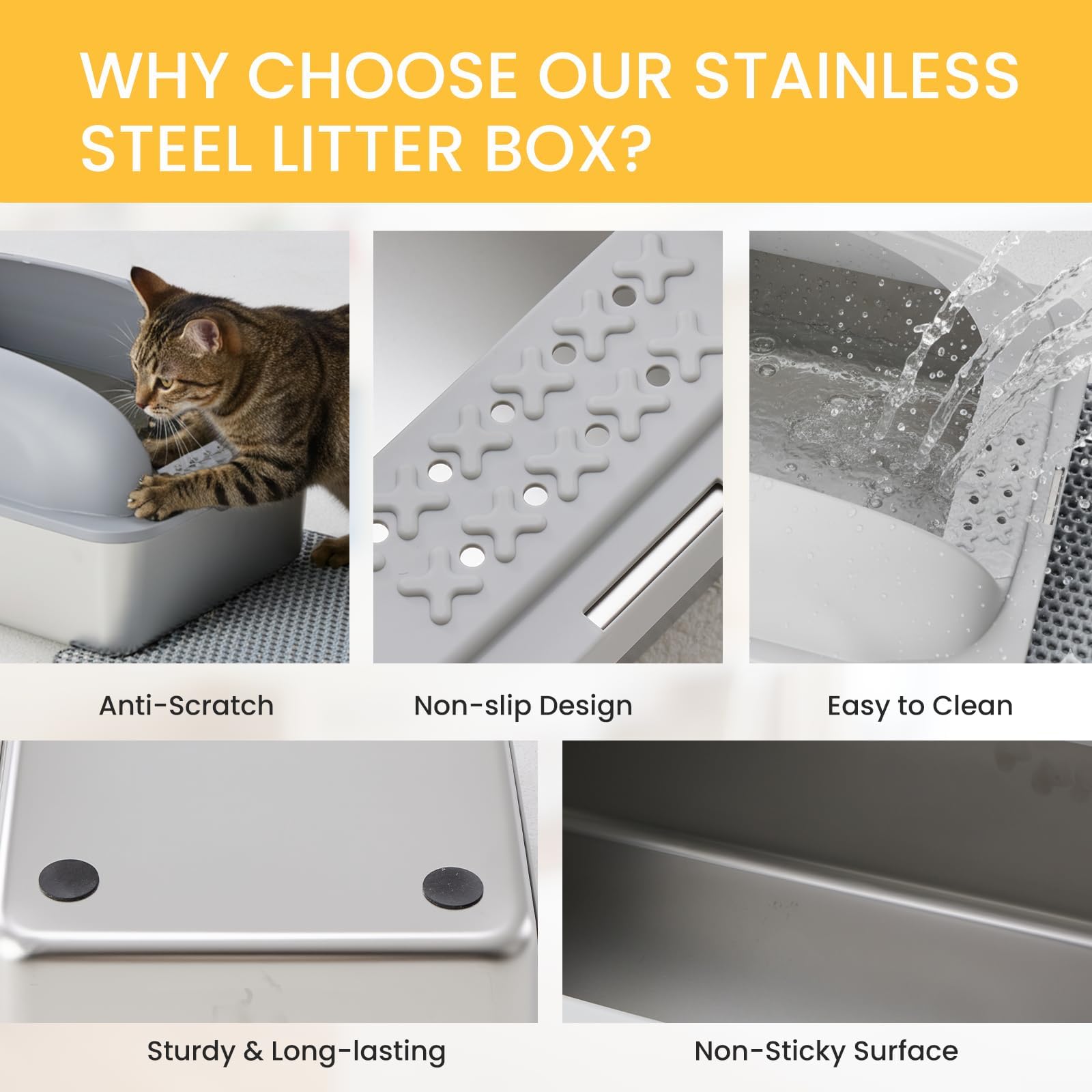 Simple Deluxe XL Stainless Steel Cat Litter Box with Lid, High Sided Metal Litter Pan for Large Cats, Urine-Proof Non-Stick, Light Gray - image 4
