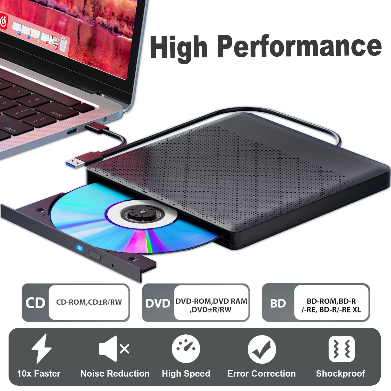 Externes Blu-ray Laufwerk Blu-ray Laufwerk DVD/BD Player Lesen/Schreiben Tragbares Blu-ray Laufwerk USB 3.0 und Typ-C DVD Recorder Ultra High Definition Blu-ray Recorder für Windows 7/8/10/11/MacOS