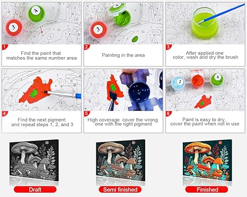 Miniatura 4 de Pintura por números Colorida de hongos y luna, pintura por números para adultos, pintura con pinceles, kits de pintura por números para adultos
