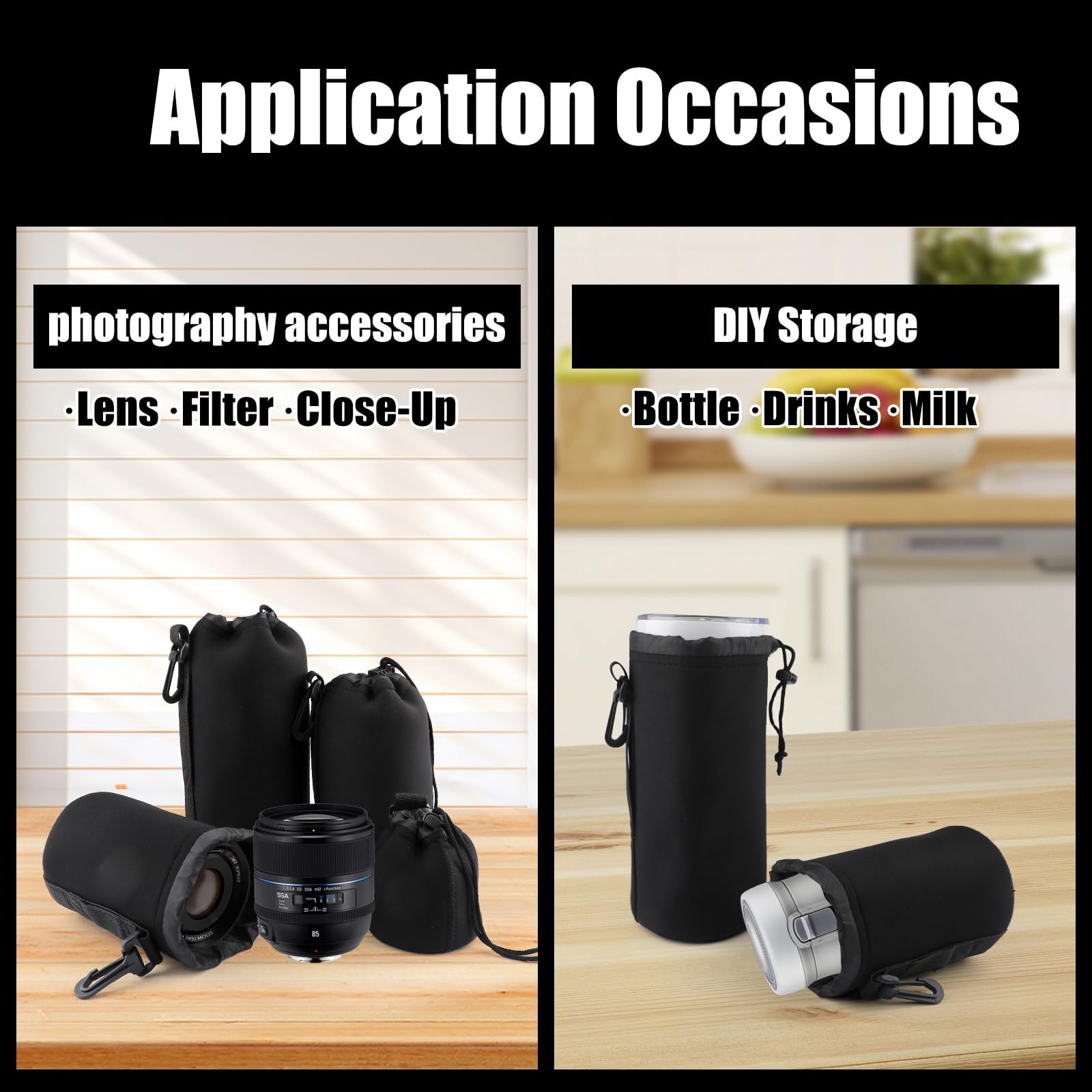 4 Stück Objektivtasche Set aus Neopren Objektivbeutel in 4 Größen,Schwarz mit Kordelzug, Kamerazubehör Schutz für Kamera Objektiv,weiche Schutzbeutel für DSLR Zubehör Canon Nikon Sony Pentax Olympus
