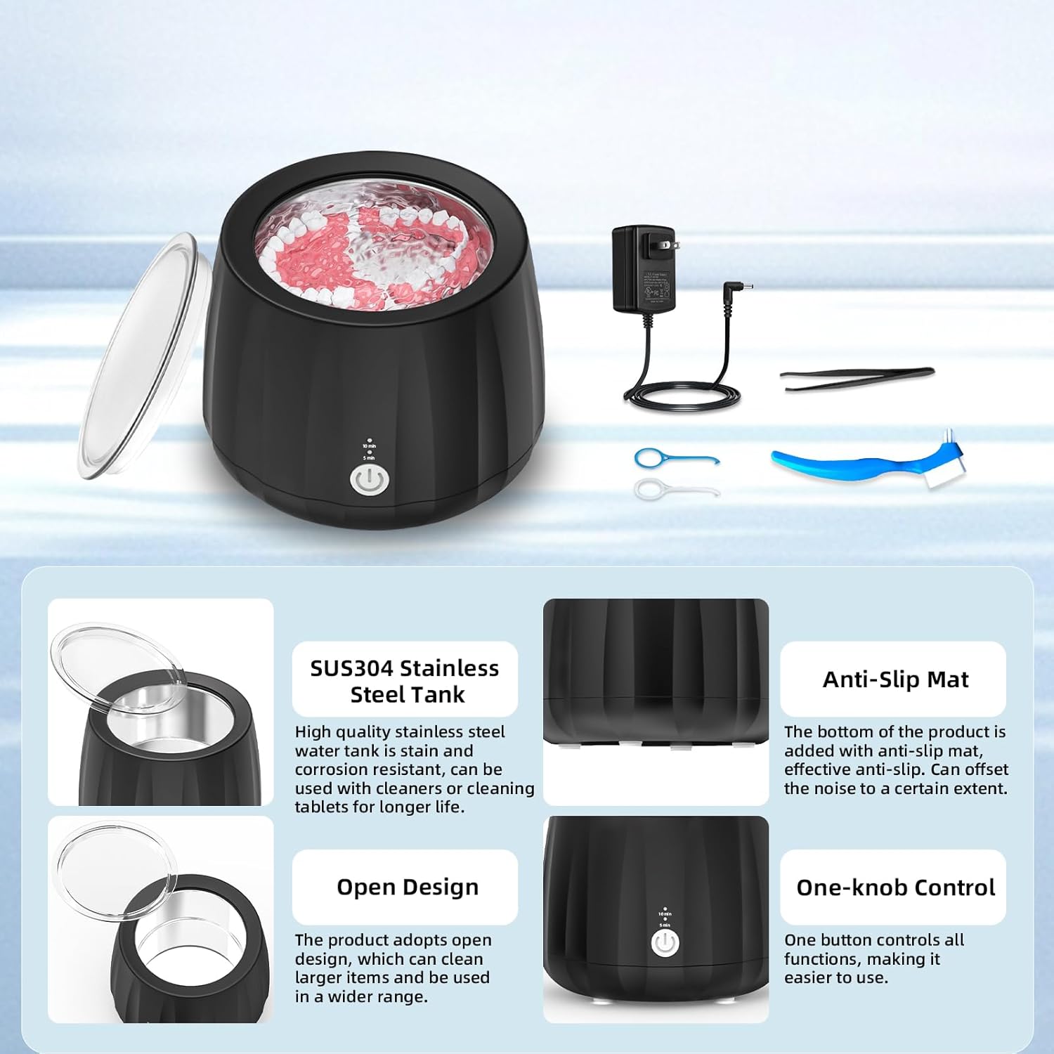 Ultrasonic Retainer Cleaner Machine.220ML Portable Denture Ultrasonic Cleaning Pod for Mouth Guard,Invisalign,Aligner.Professional Ultrasonic Cleaner for Jewelry and Ring.2 Clean Modes(Black)