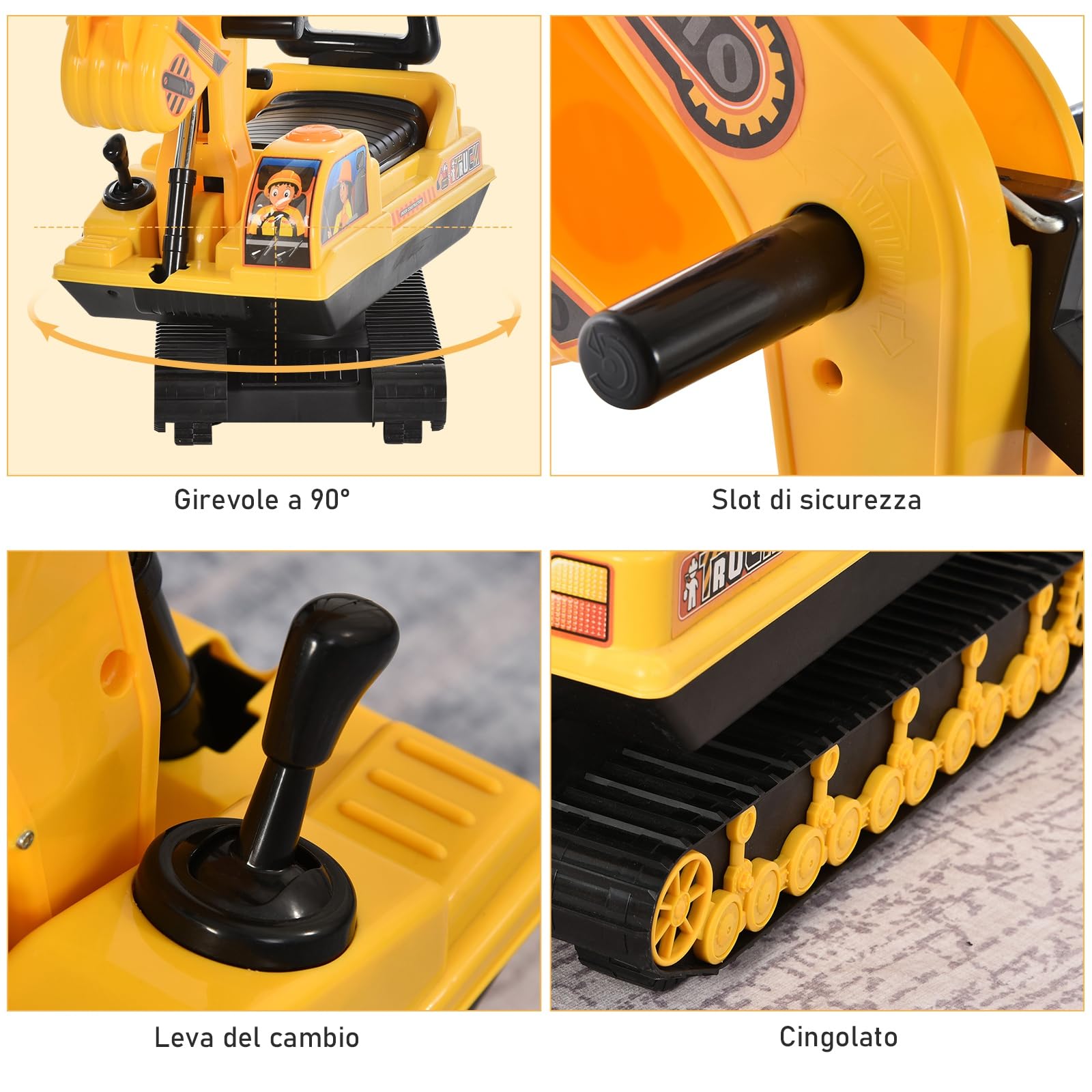 HOMCOM Escavatore Ruspa Giocattolo Cavalcabile per Bambini max. 30 kg con Schienale, Braccio Mobile e Vano Contenitore, 78x24x58.5cm