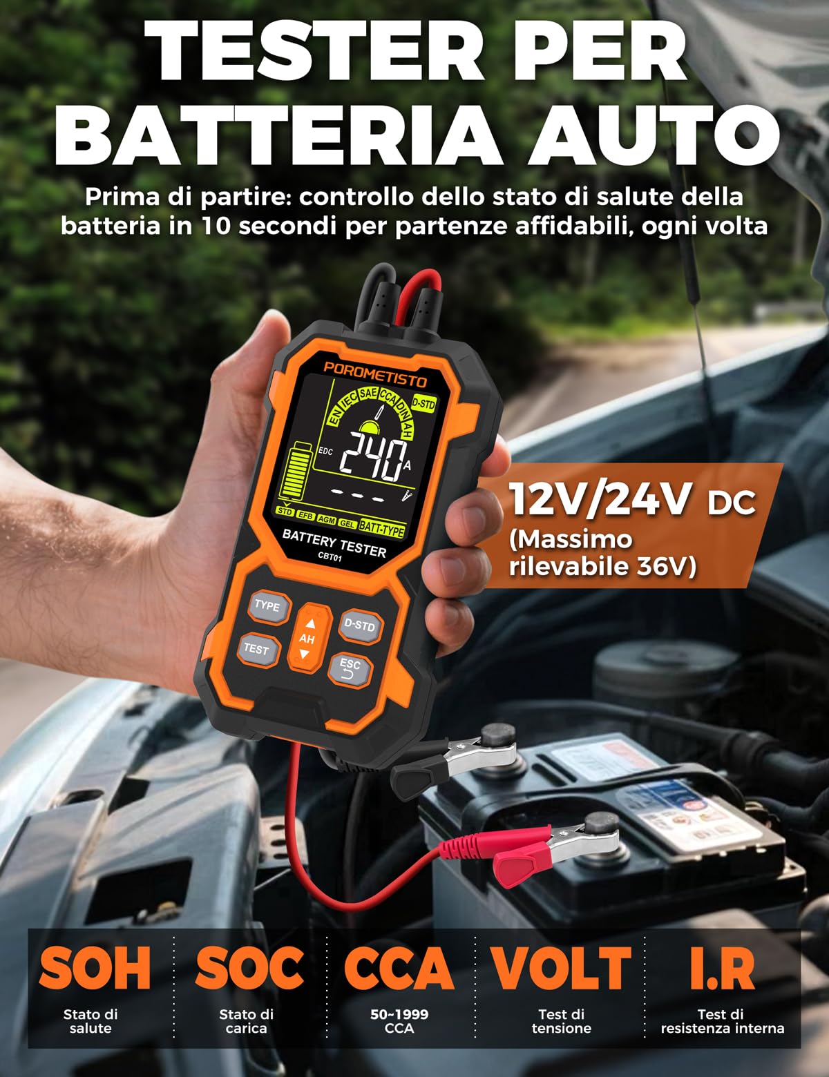 Tester Batteria Auto 12v/24v 50-1999 CCA,POROMETISTO Tester Batterie,Tester Batteria Auto per Veicoli/Auto/Moto/SUV,Può Misurare Tensione,Resistenza Interna,CCA, SOC,SOH,Per Fai Da Te e Professionisti