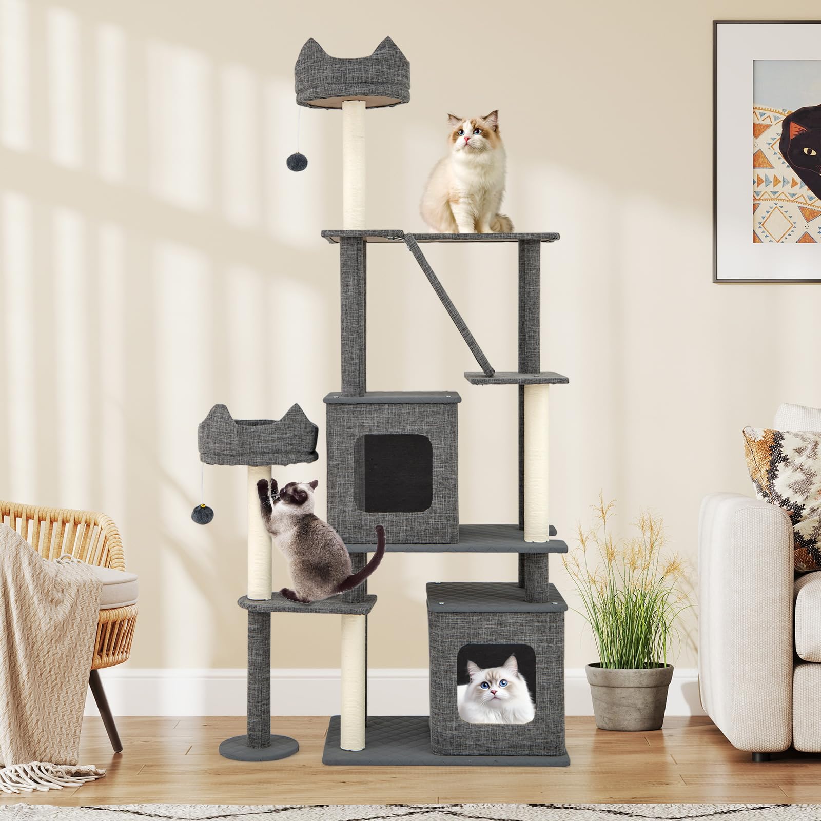 COSTWAY Tiragraffi per Gatto Alto 180 cm, Albero Tiragraffi Gatto con 8 Piattaforme, 4 Pali Sisal e 2 Palline Pompon, Torre Tiragraffi per Gatti con 2 Condomini Rimovibili, Grigio