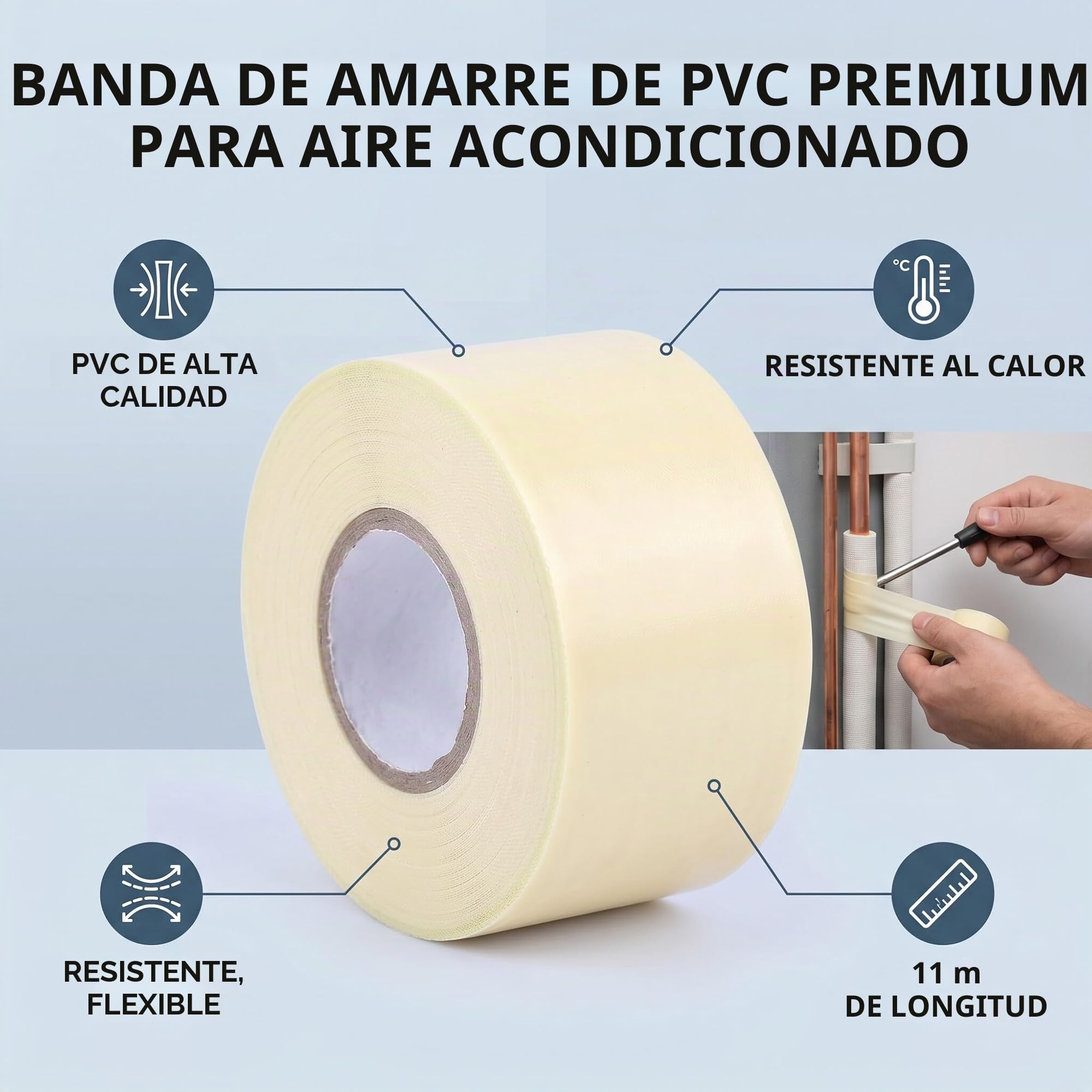 Vendaje de Tubo Aire Acondicionado PVC, Cinta Aislamiento 11 m Banda Engrosada, Herramienta Fijación Tubería Resistente Frío/Calor