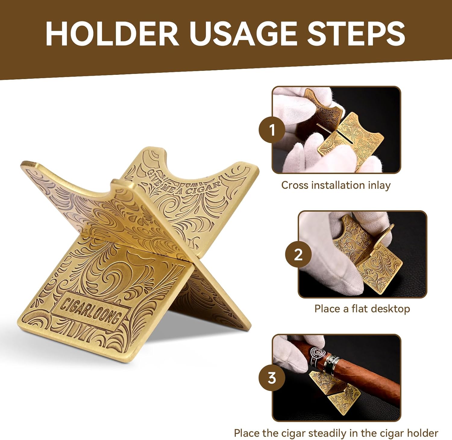 Cigar Stand Rest,Portable Detachable Cigar Stand Holder with PU Leather Case for Travel Outdoor Indoor,Gift for Men (Bright gold)