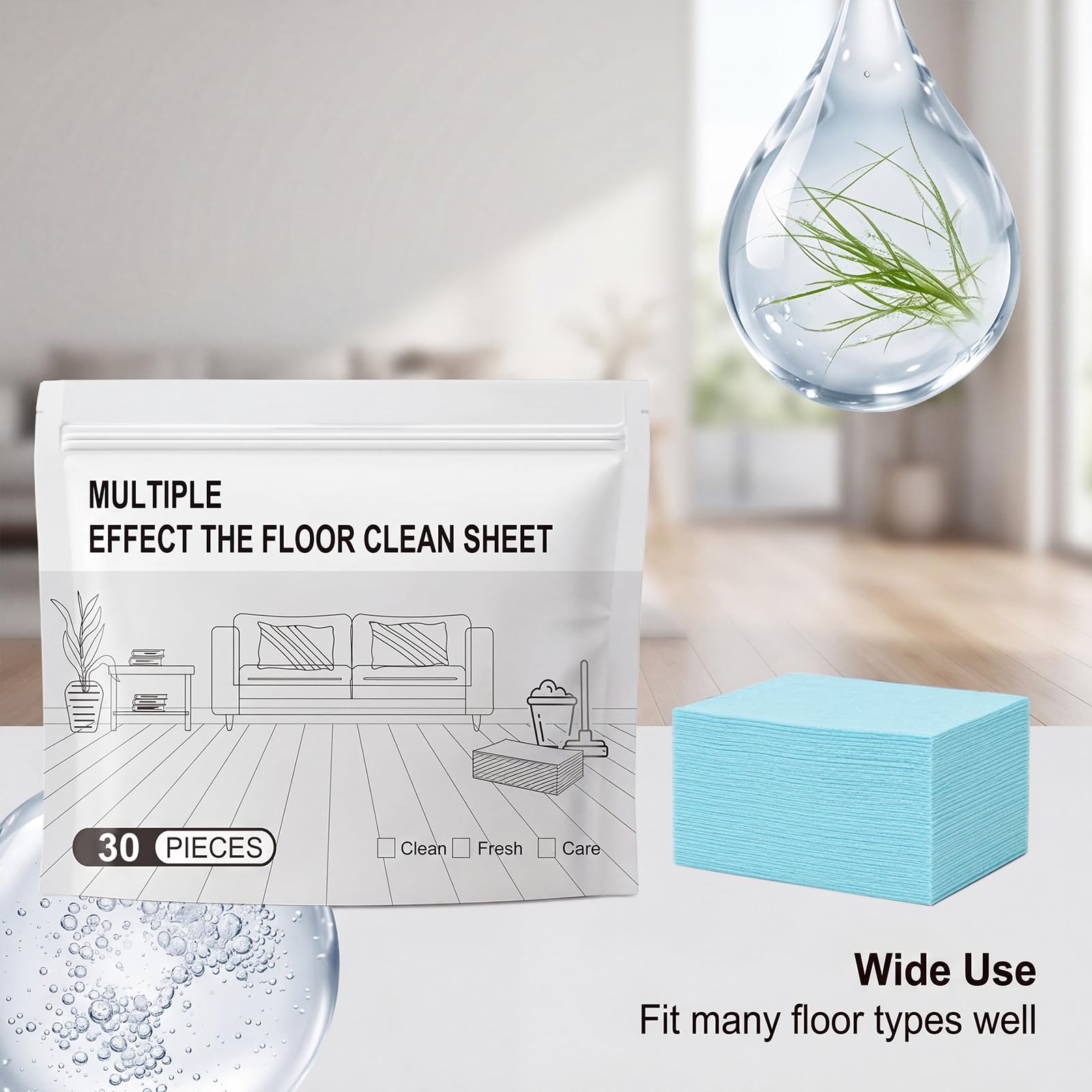 Multiply Effect The Floor Clean Sheet, 100 pastillas de limpieza de suelos, hojas solubles en agua, para suelos de madera, 8 unidades