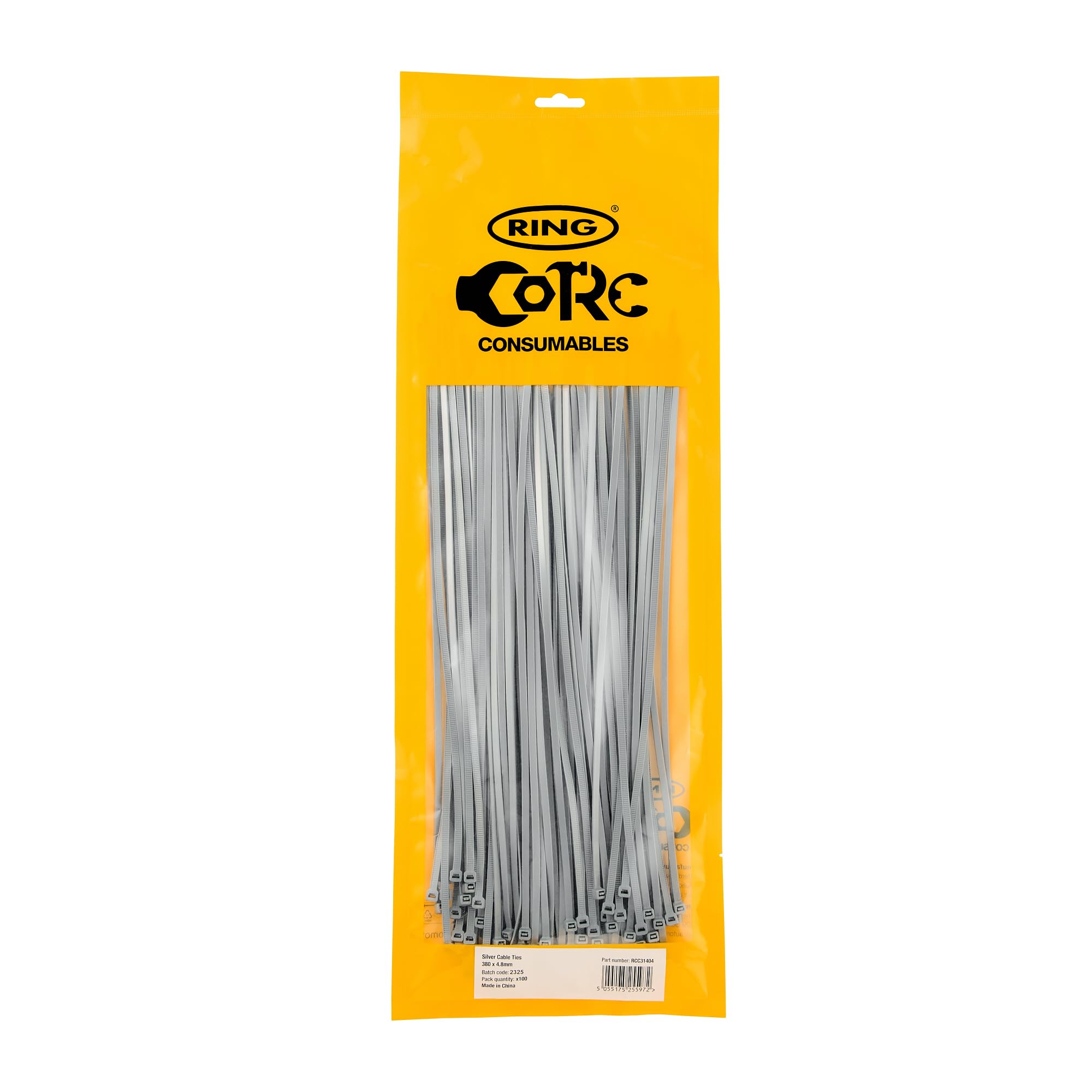 RING Silver Cable Ties, 380 x 4.8 mm (100 Pcs) General Purpose, Supplied in a Re-Sealable Pack