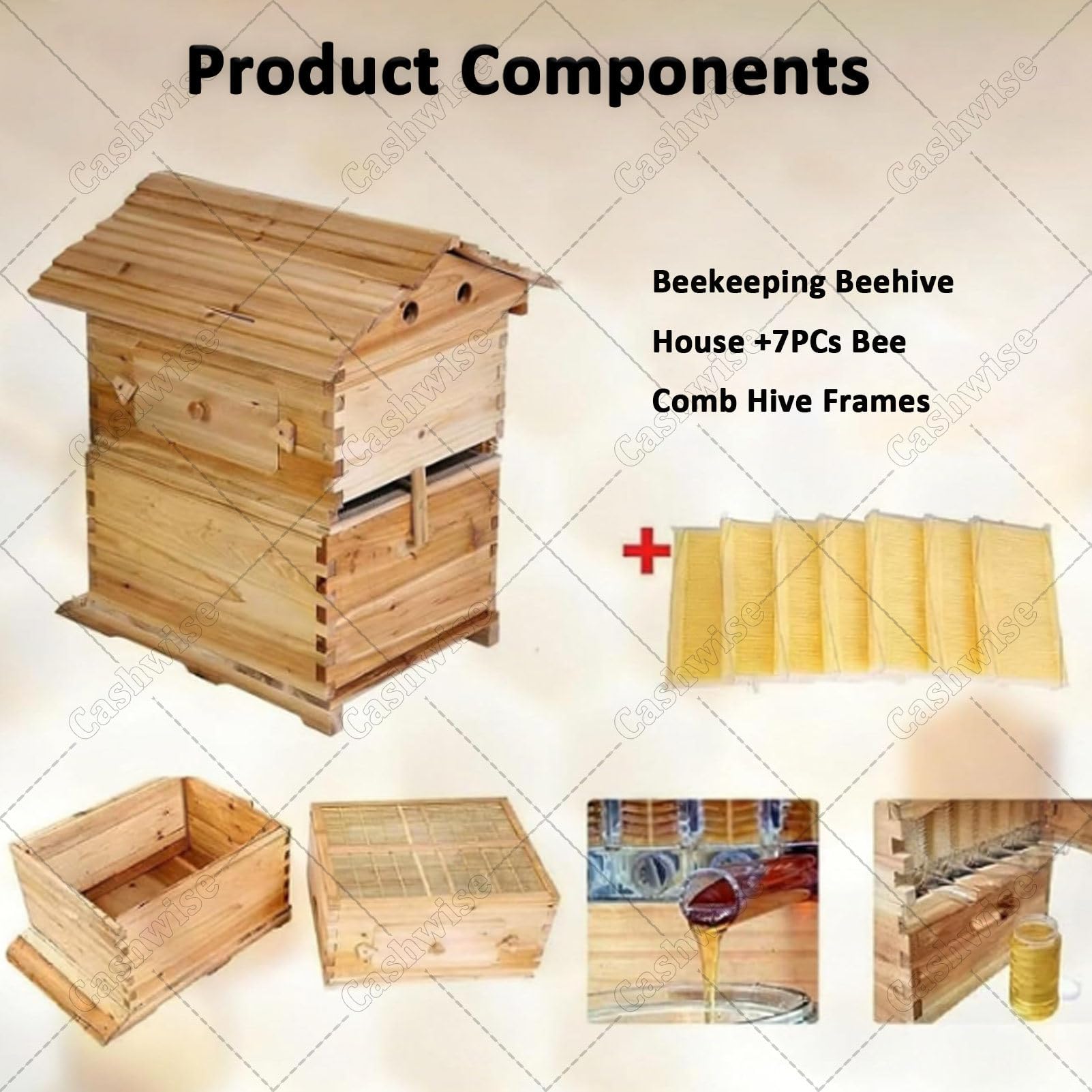 Kit de démarrage complet pour ruche à récolte automatique, incluant 7 cadres automatiques de qualité alimentaire, une fenêtre d'observation et un corps de ruche en bois ; idéal pour les apiculteurs